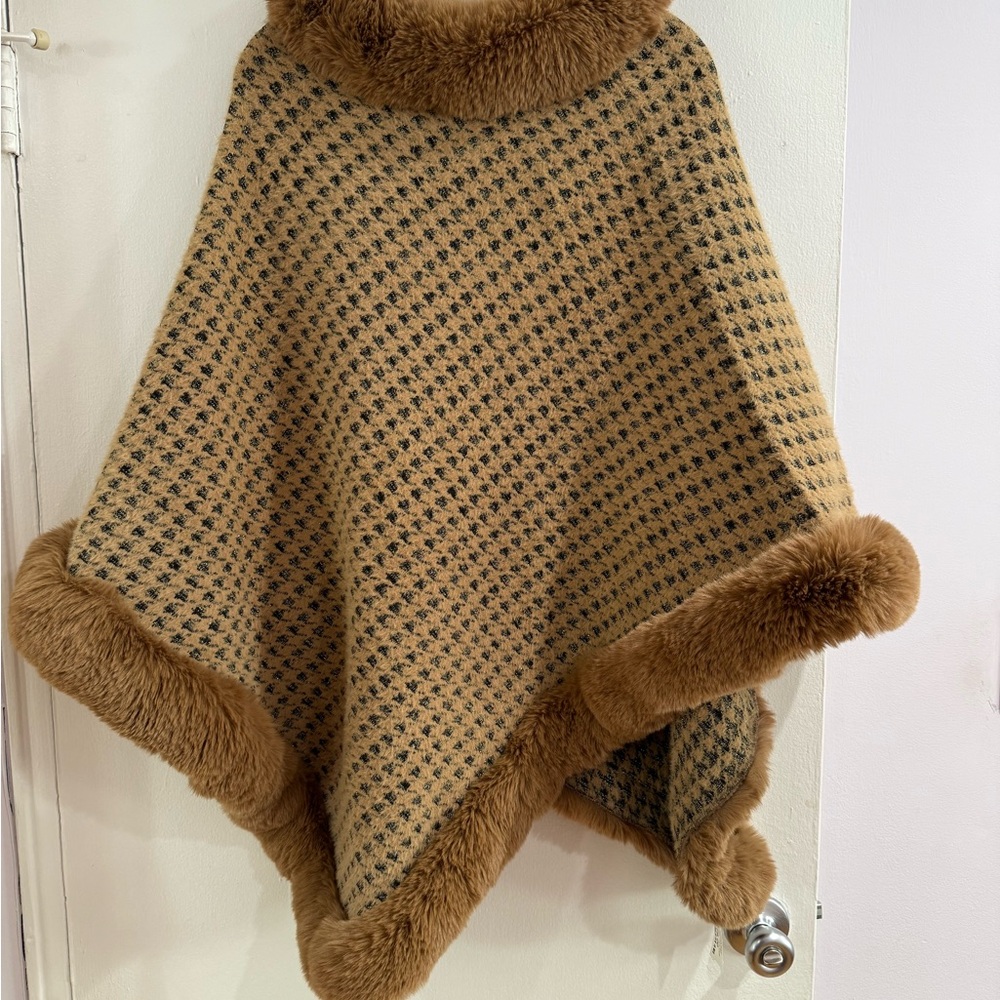 Stylish Tan and Brown Poncho with Fur Trim